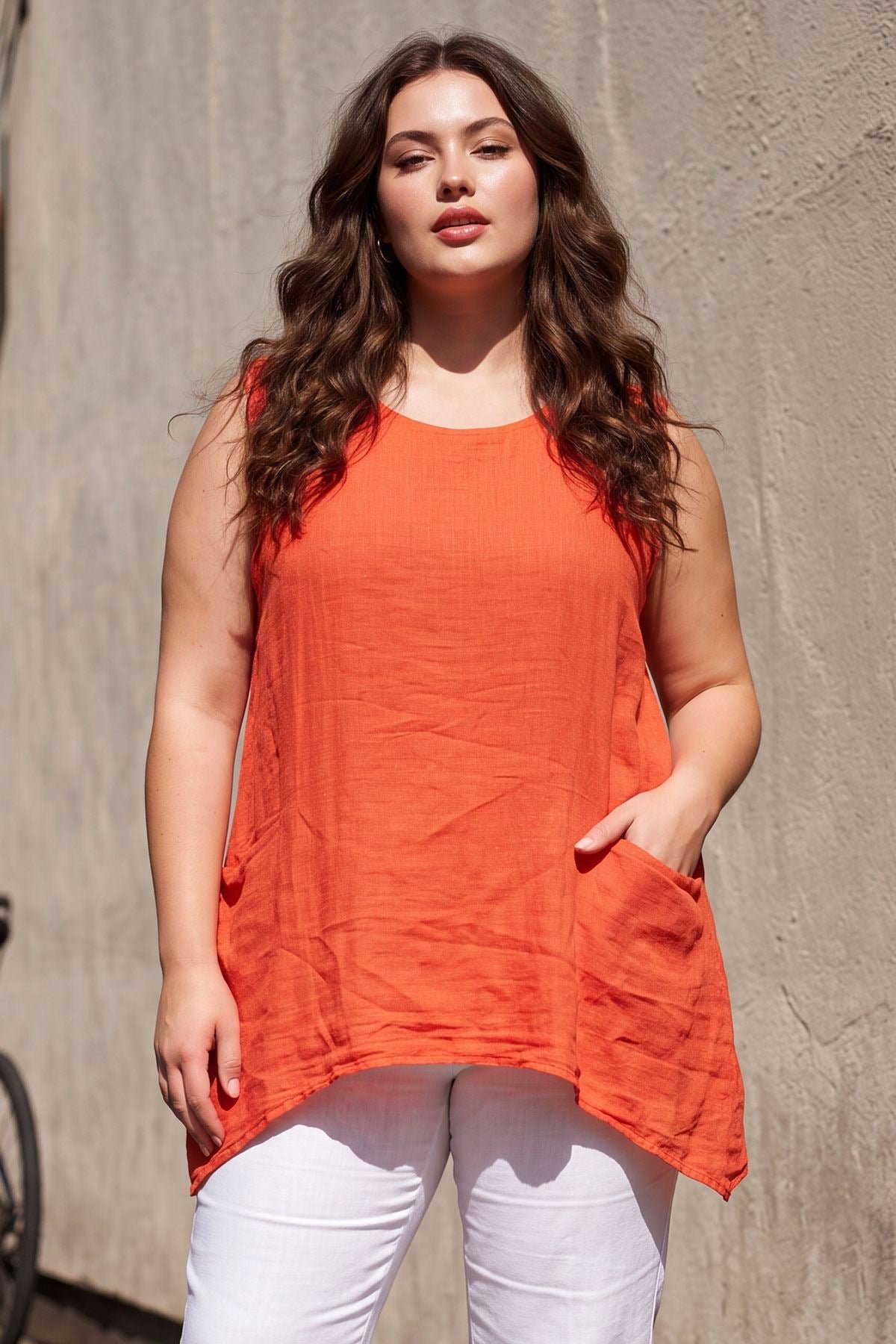 Plain Front Two Pockets Tunic Cotton Top
