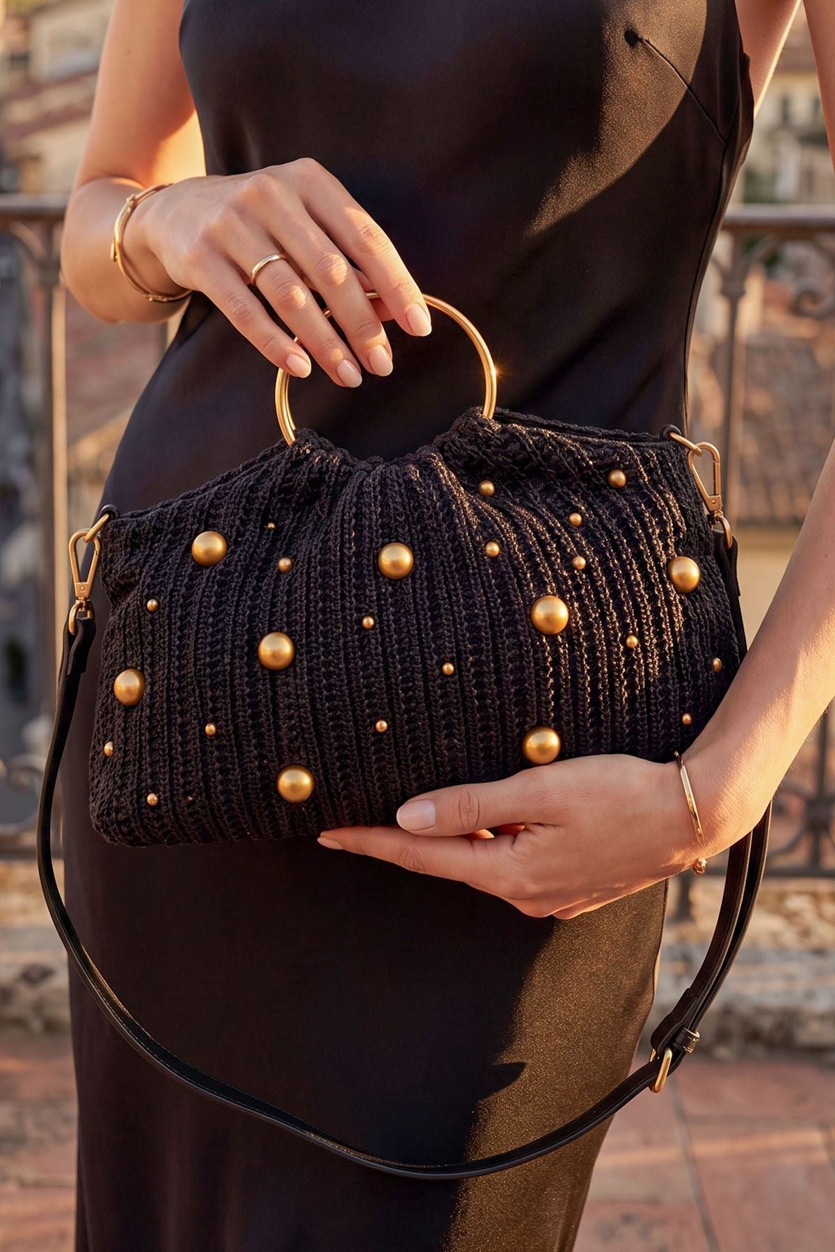 Crochet Pearl Embellished Ring Handel Shoulder Bag view 3