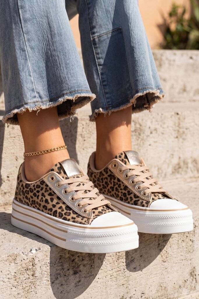 Foil Lace Up Flat Sneakers