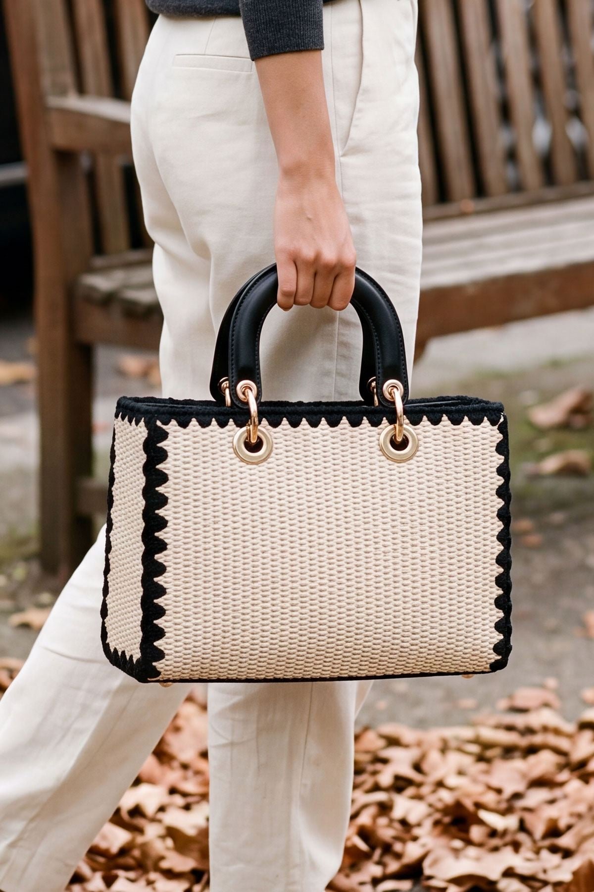 Straw Wooden Top Handles Crossbody Bag view 3