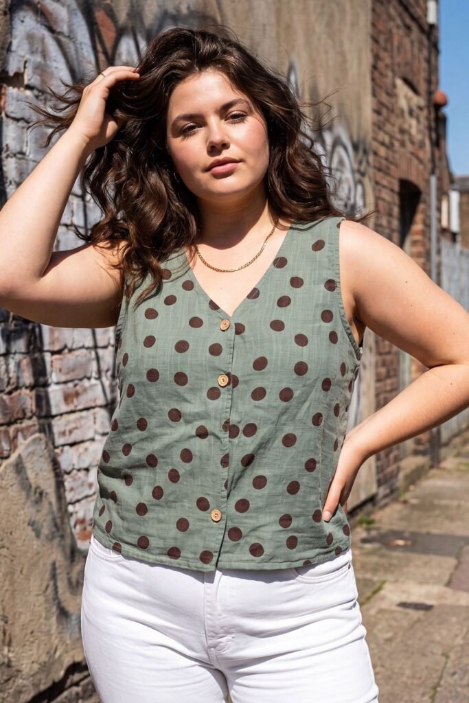 Polka Dot Print Button Front Vest Cotton Top