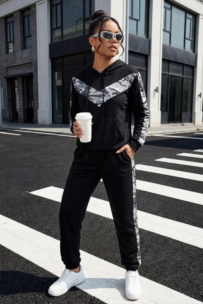 Camouflage Print String Hooded Side Panel Co-Ord Set