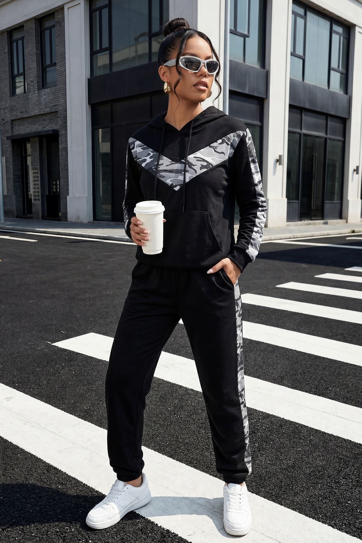 Camouflage Print String Hooded Side Panel Co-Ord Set