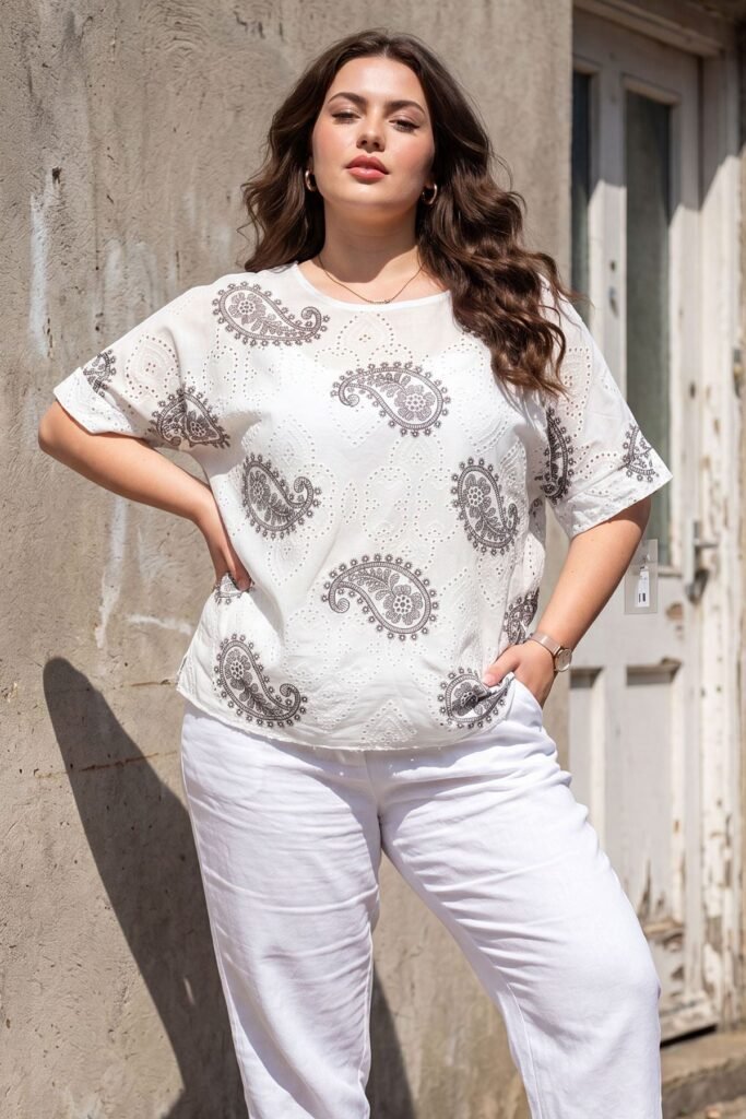 Paisley Print Cutwork Cotton Top