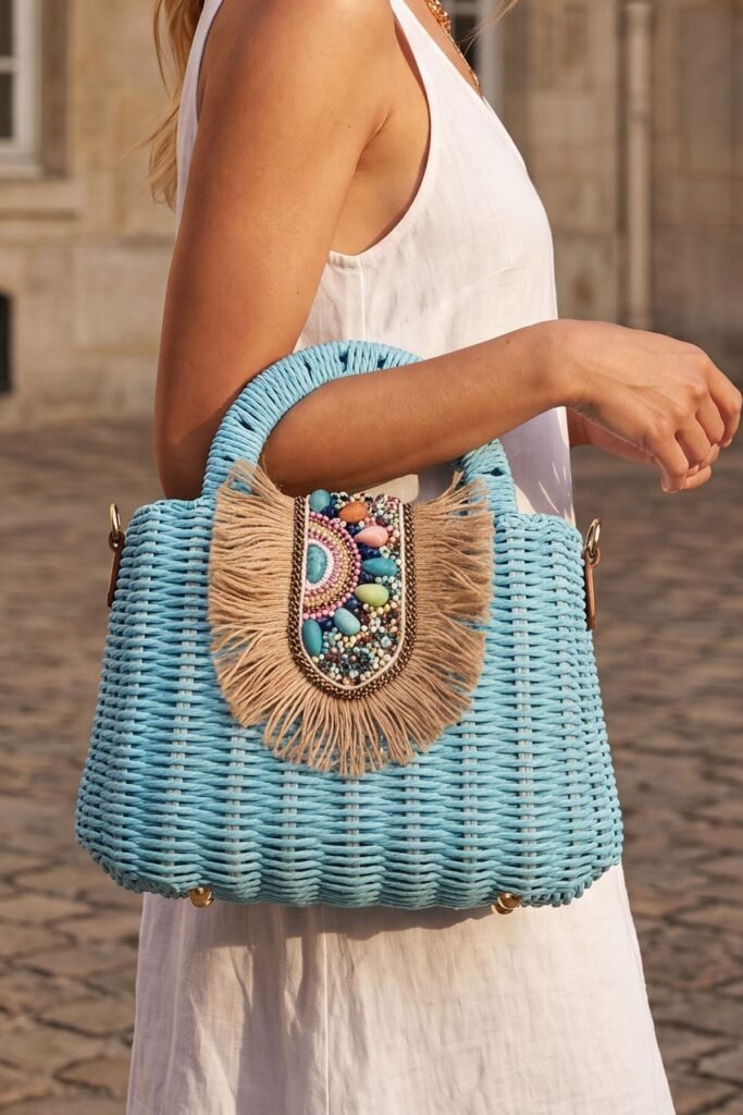 Beaded Tassel Detail Top Handle Hand Bag