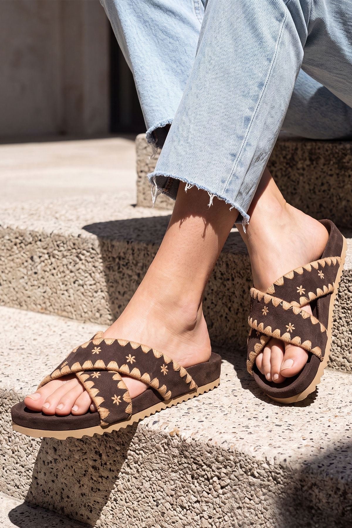 Embroidered Cross Strap Comfort Slip On Slider view 2
