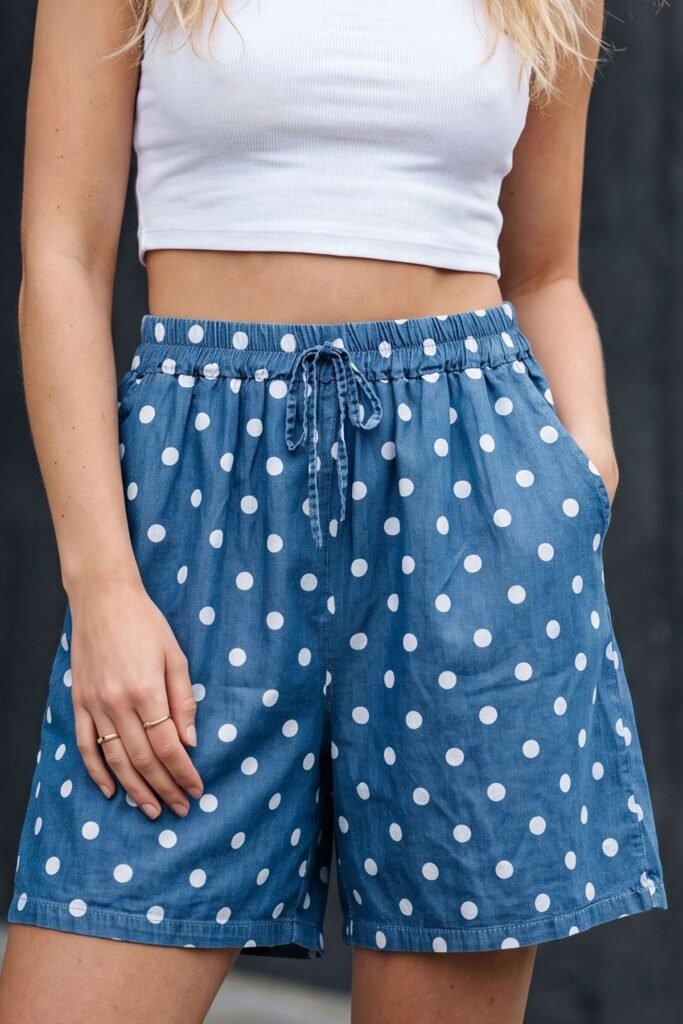 Polka Dot Print Pockets Drawstring Waistband Shorts