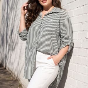 Stripe Print Hi-Low Hem Button Up Shirt