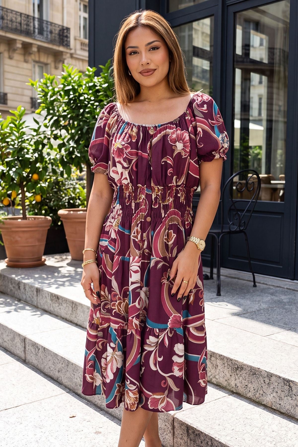 Floral Print Shirred Waist Dress view 4