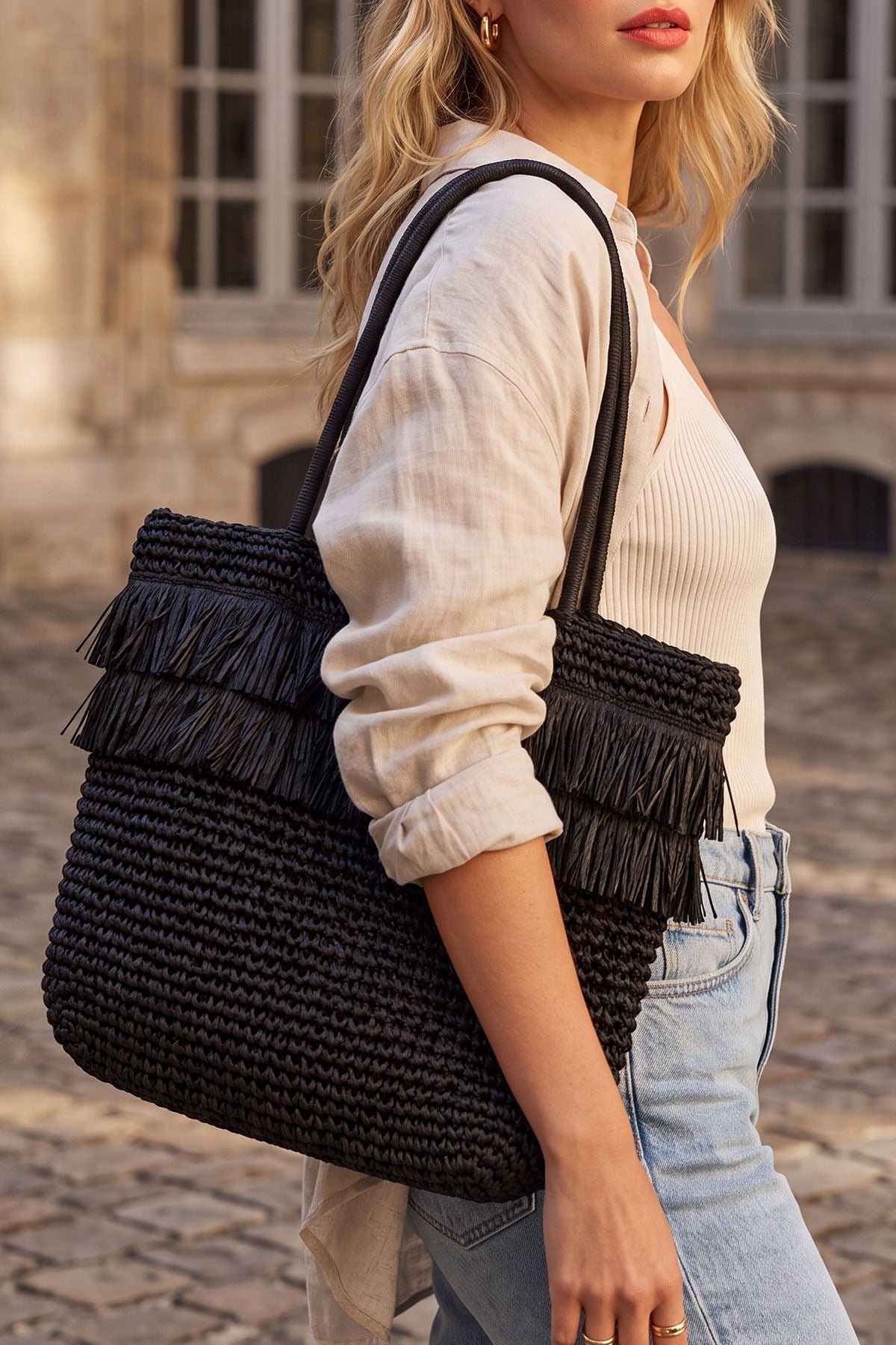 Crochet Fringe Detail Shoulder Bag