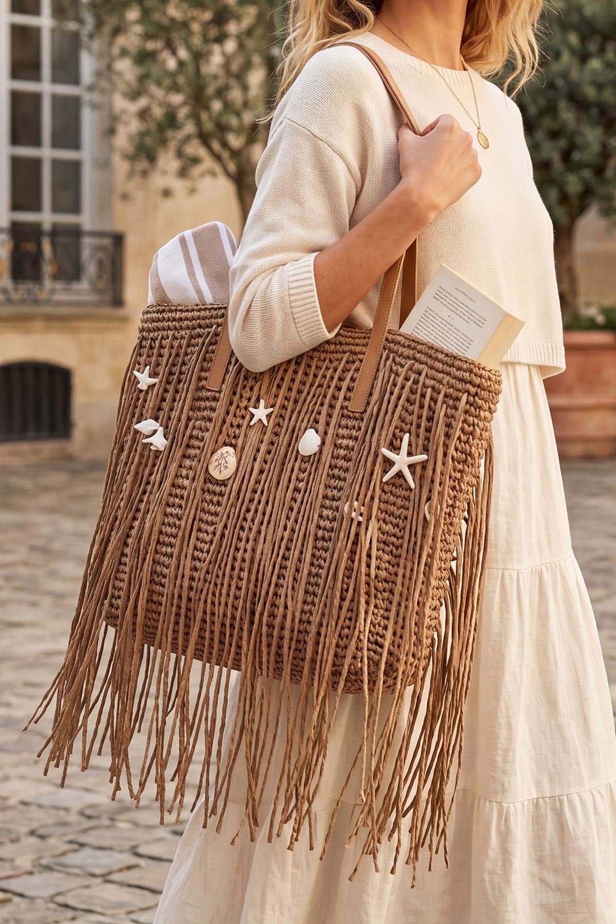 Shell Detail Fringe Two Handle Shoulder Bag view 3