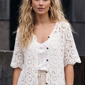 Floral Crochet Pattern Front Button Up Cotton Cardigan