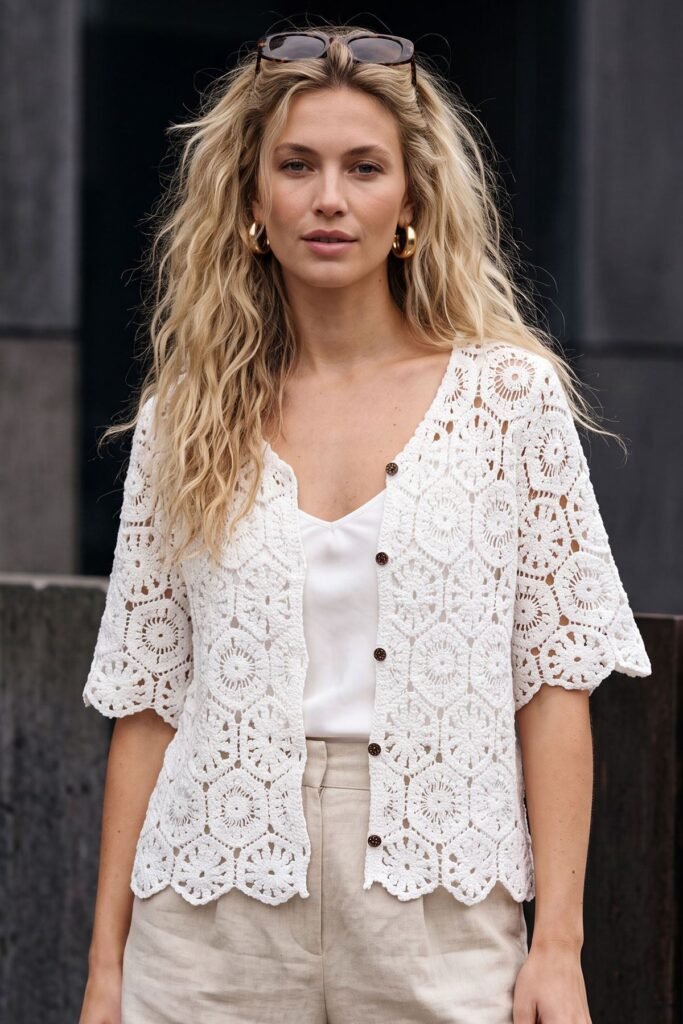 Floral Crochet Pattern Front Button Up Cotton Cardigan