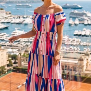 Abstract Print Shirred Waist Button Details Dress