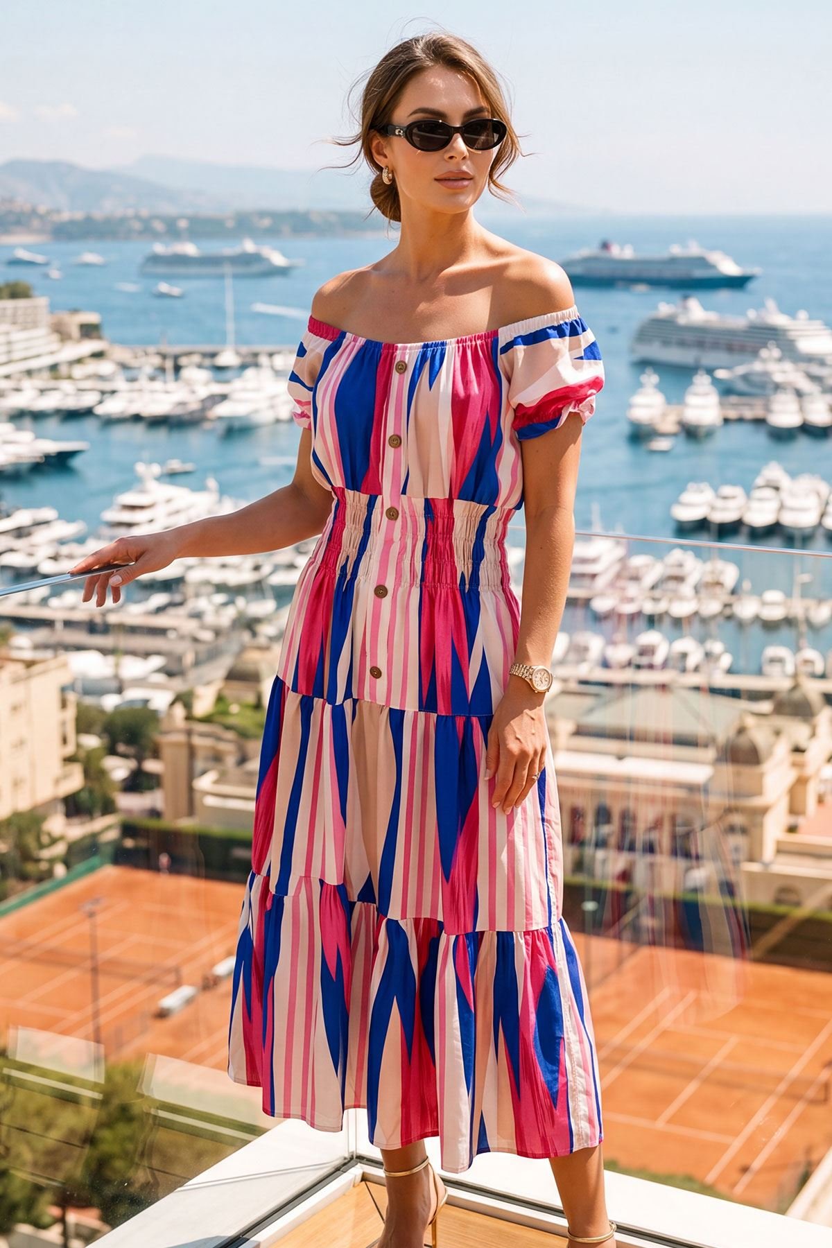 Abstract Print Shirred Waist Button Details Dress