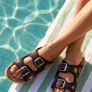 Floral Embroidered Double Buckle Platform Slider