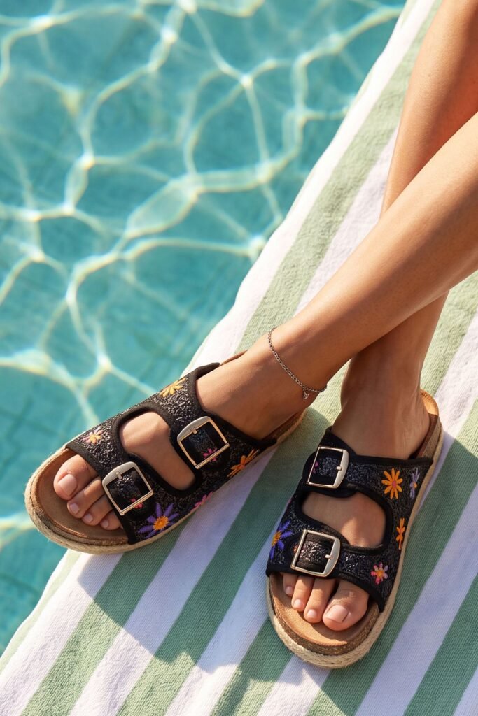 Floral Embroidered Double Buckle Platform Slider