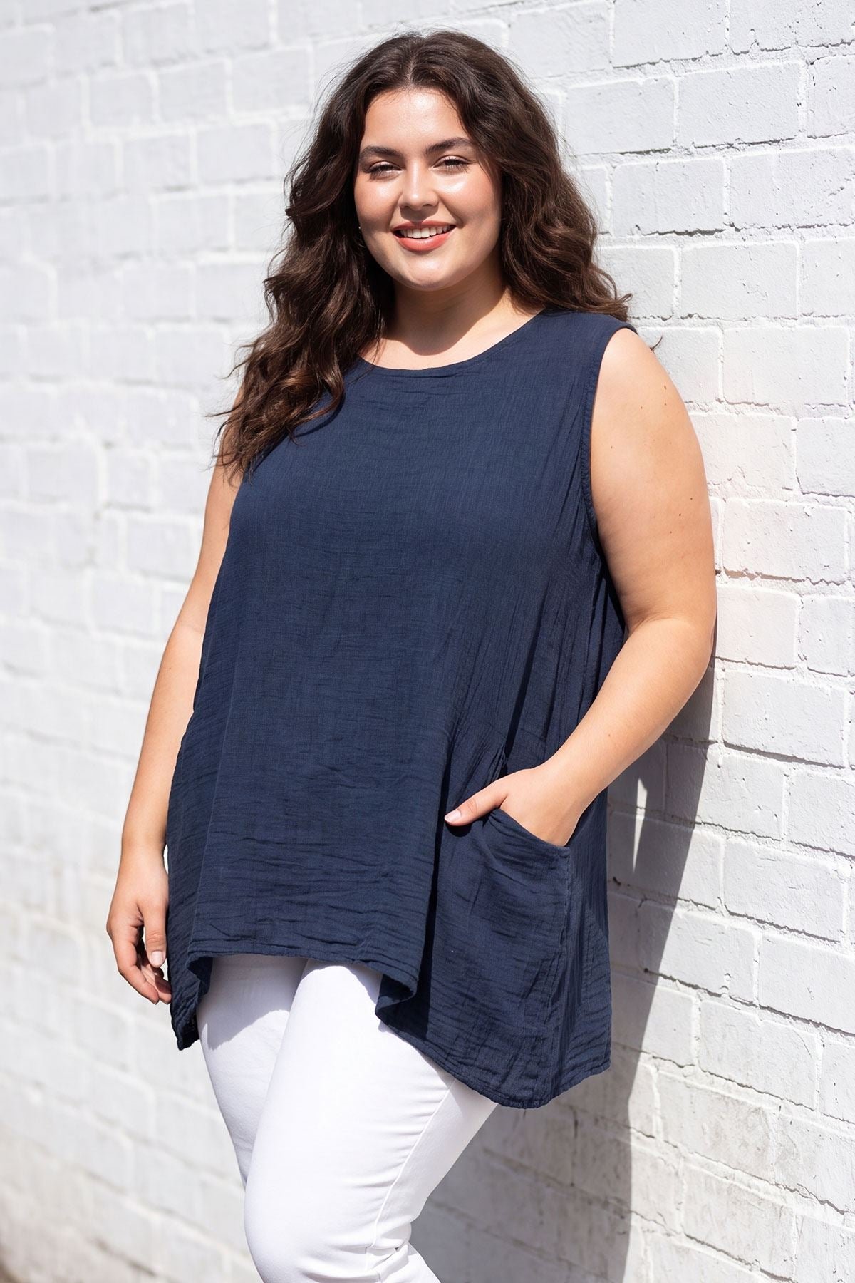 Plain Front Two Pockets Tunic Cotton Top view 4