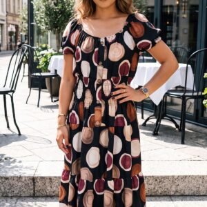 Abstract Circle Print Shirred Waist Button Front Dress