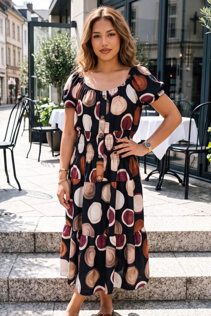 Abstract Circle Print Shirred Waist Button Front Dress