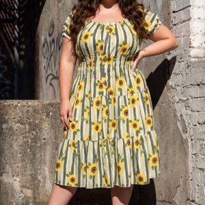 Sunflower Stripe Print Shirred Waist Tiered Dress