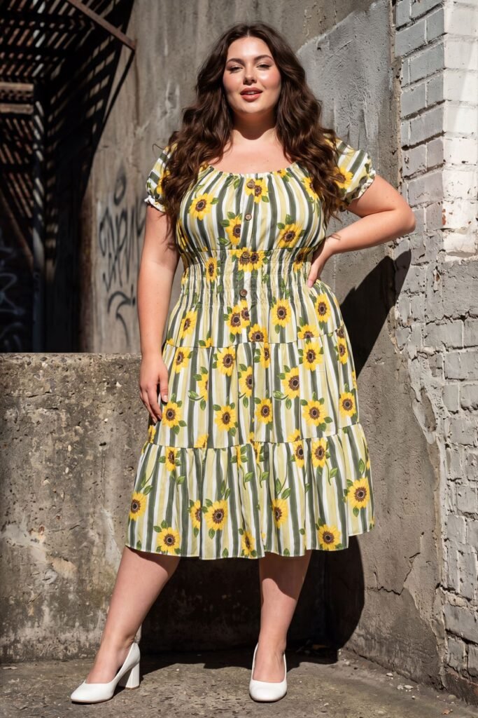 Sunflower Stripe Print Shirred Waist Tiered Dress